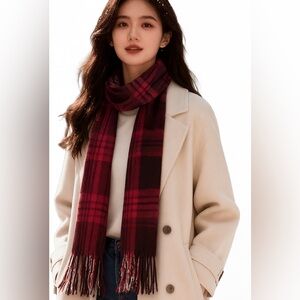 Red Black Gray Plaid Fringe Scarf – Soft Cozy Winter Accessory 56” x 10”